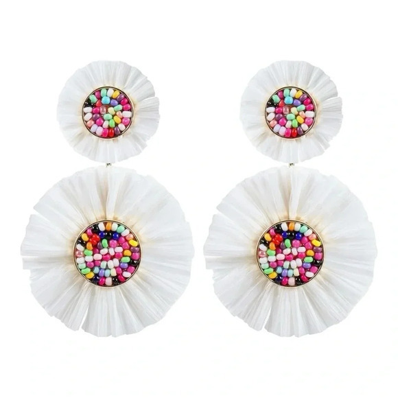 Boho Beaded Rattan Raffia Summer Statement Earrings Dangle Rainbow White 2.5"‎ - Picture 1 of 5